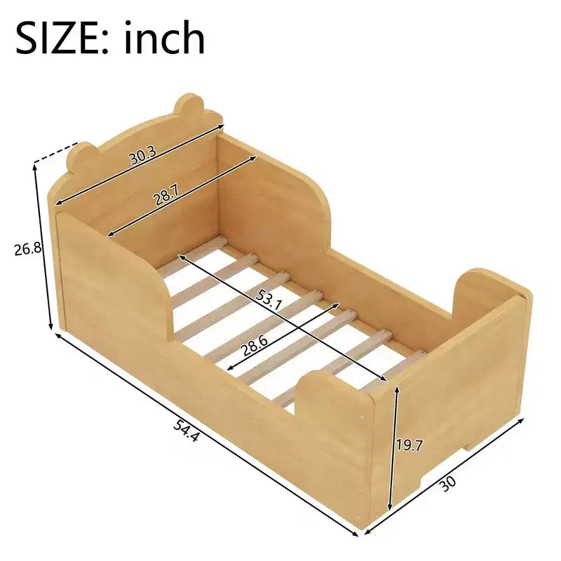 Lit au sol en forme d'ours Okak pour les 3-6 ans, cadre de lit pour tout-petits avec barrière de sécurité, lit pour enfants en forme d'animal mignon