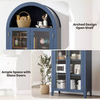 Haut meuble de rangement arqué avec portes vitrées, bibliothèque de présentation à 5 niveaux avec étagères réglables pour cuisine ou salon