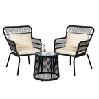 Ensemble bistrot 3 pièces en osier pour conversation, salon de jardin en rotin résistant aux intempéries avec coussins