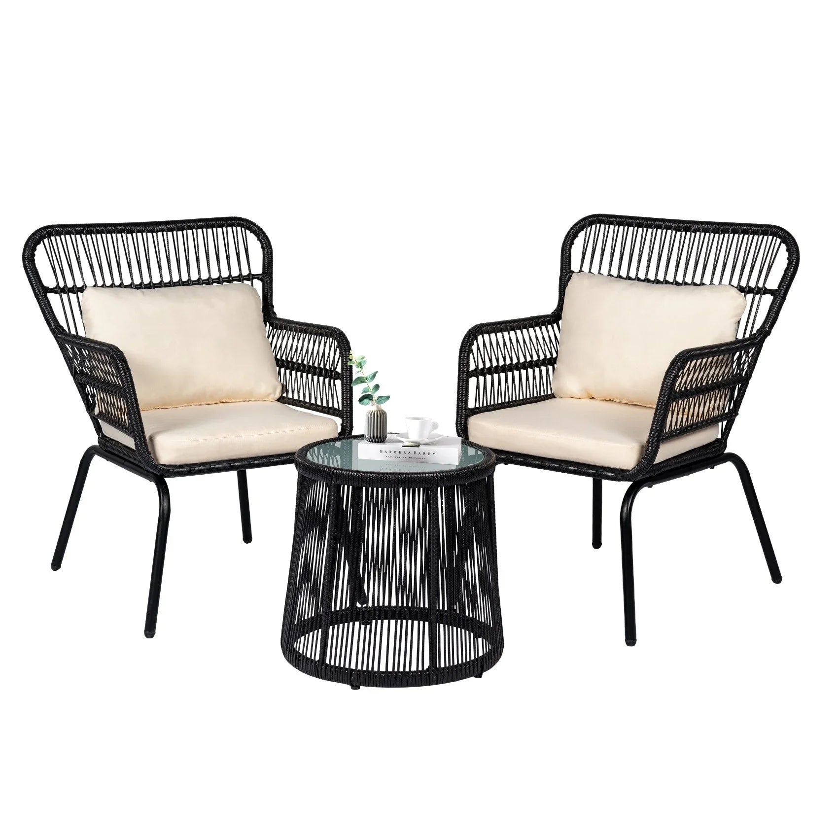 Ensemble bistrot 3 pièces en osier pour conversation, salon de jardin en rotin résistant aux intempéries avec coussins
