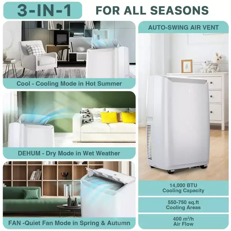 Climatiseur Portable de 14 000 BTU, Refroidit Jusqu'à 70 m², Unité de Climatisation Portable avec Déshumidificateur