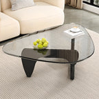Table basse triangulaire en bois avec plateau en verre