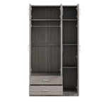 Armoire penderie miroir 3 portes avec 2 tiroirs et meuble haut