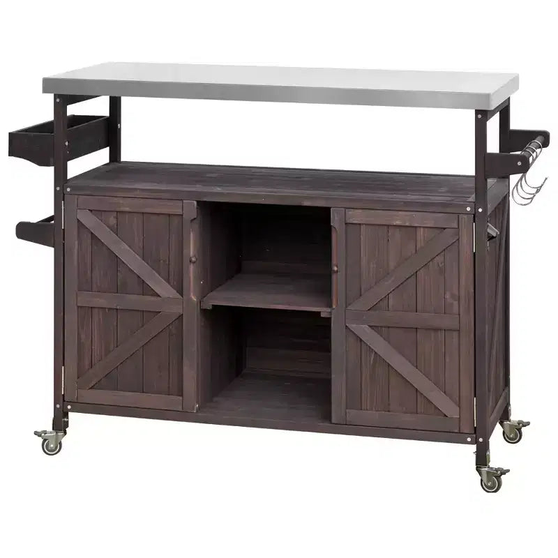 Îlot de cuisine d'extérieur Okak avec plateau en acier inoxydable, chariot de cuisine en bois avec portes, étagères et porte-épices, îlot de cuisine roulant