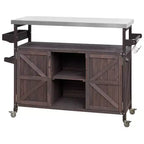 Îlot de cuisine d'extérieur Okak avec plateau en acier inoxydable, chariot de cuisine en bois avec portes, étagères et porte-épices, îlot de cuisine roulant