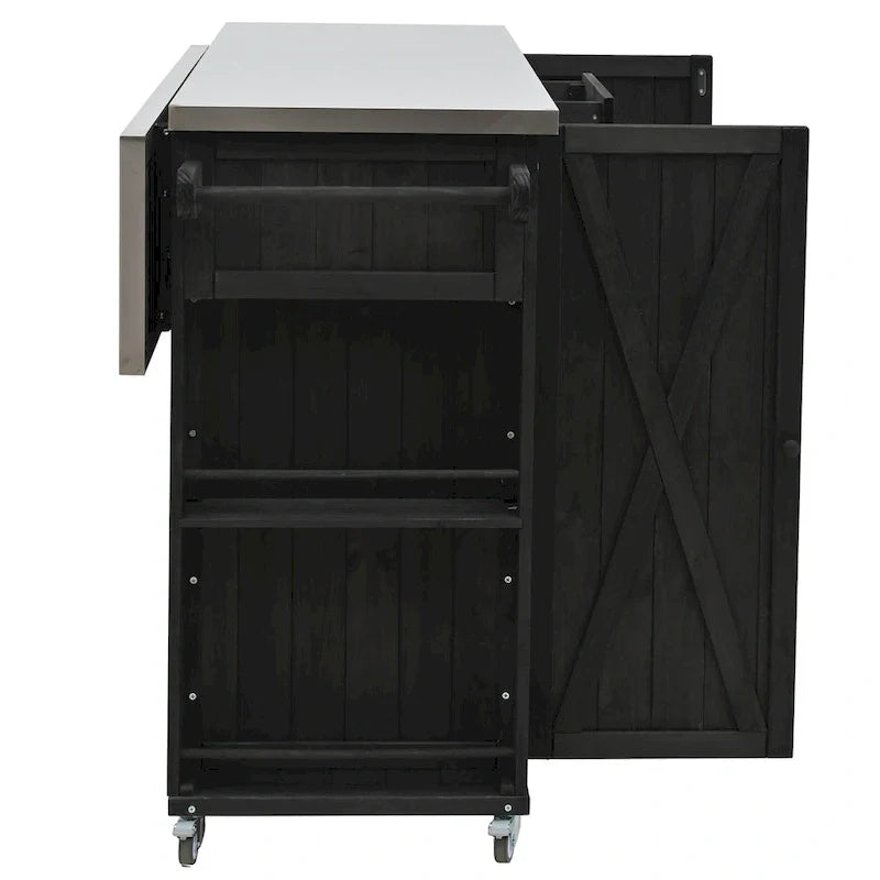 Îlot de cuisine d'extérieur, bois de sapin rustique avec plateau en acier inoxydable et rangement intelligent