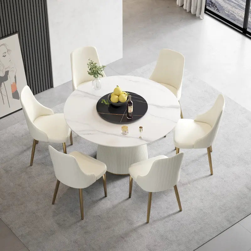 Table à manger ronde de 53 pouces pour 6 personnes avec plateau en pierre frittée et plateau tournant (Lazy Susan)