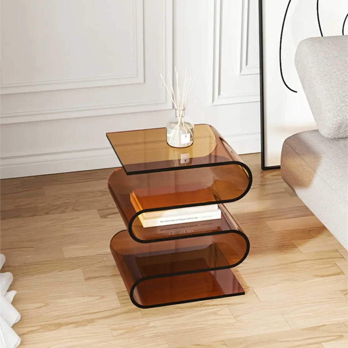 Table d'appoint contemporaine en acrylique en forme de S avec rangement