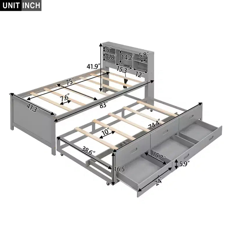 Lit plateforme avec lit gigogne et tiroirs, lit plateforme de rangement avec USB, lit plateforme en bois avec bibliothèque