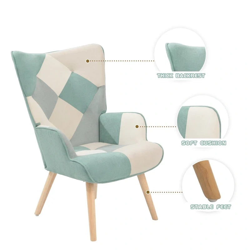 Fauteuil d'appoint avec pouf, ensemble fauteuil et pouf de salon, fauteuil d'appoint confortable pour chambre à coucher, surface en tissu à épissures créatives
