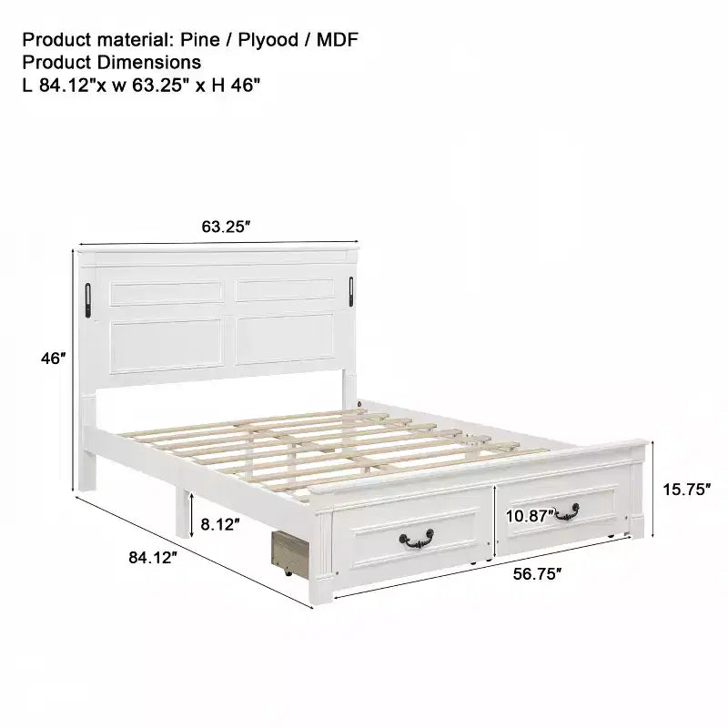 ModernLuxe Lit plateforme Queen/King Size avec tête de lit haute, cadre de lit rustique en bois avec 2 tiroirs, lumières LED et ports USB