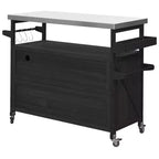 Îlot de cuisine d'extérieur Okak avec plateau en acier inoxydable, chariot de cuisine en bois avec portes, étagères et porte-épices, îlot de cuisine roulant