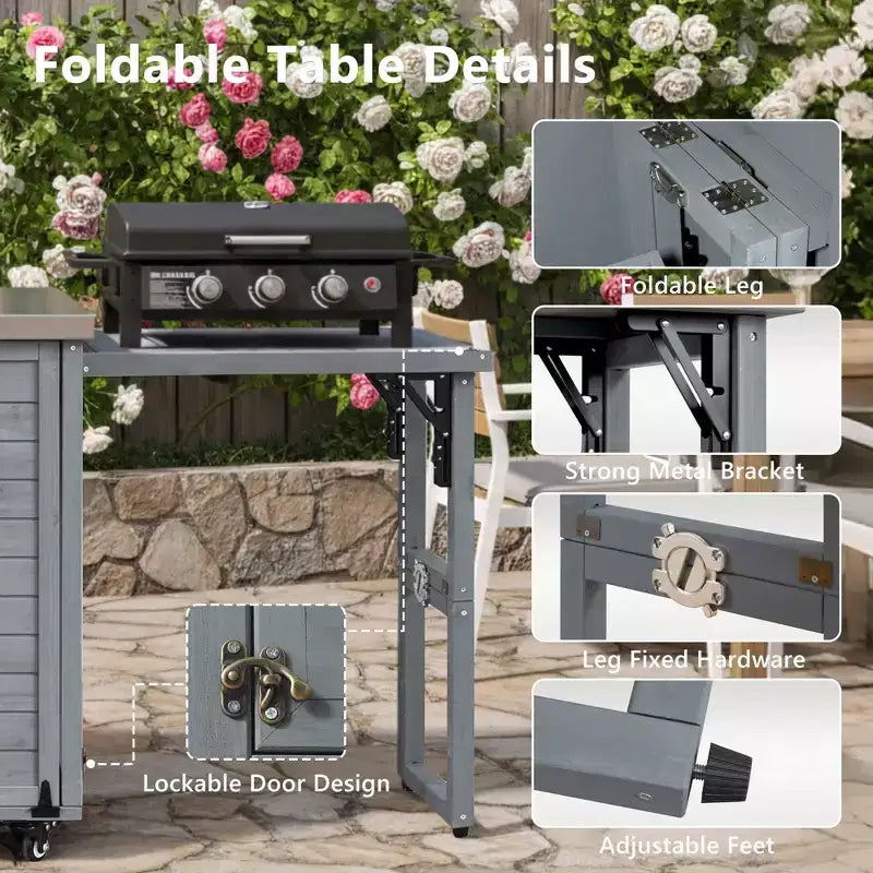 Îlot de cuisine d'extérieur FAMYYT de 198,9 cm avec comptoir en acier inoxydable, station de barbecue pliable et armoires de rangement, Bleu Gris