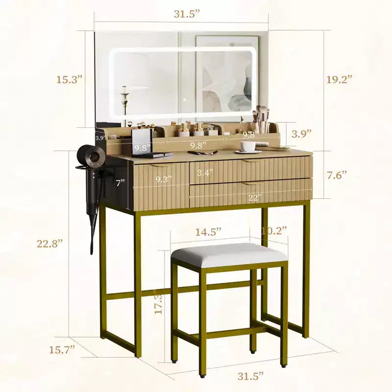 Coiffeuse avec miroir et lumières, miroir lumineux à LED, tiroirs de rangement spacieux pour produits cosmétiques et articles de toilette