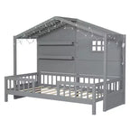 Lit cabane double avec étagères de rangement et barrières, cadre de lit Montessori en bois pour enfants avec fenêtre et bande lumineuse scintillante
