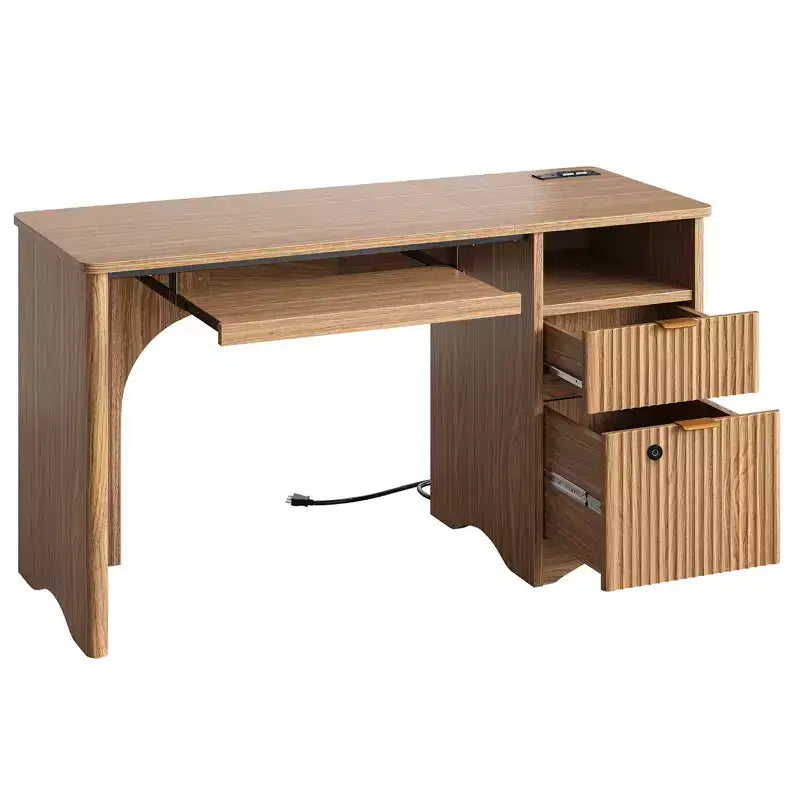 Bureau d'ordinateur intelligent Bestier 55, bureau en chêne avec tiroirs de classement et prise de courant, bureau de direction avec rangement ouvert et tiroir à clavier
