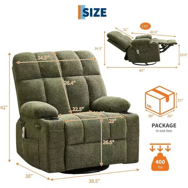 Fauteuil inclinable surdimensionné pour adultes, canapé berçant pivotant manuel, poches latérales et porte-gobelets pour personnes fortes et de grande taille, salon
