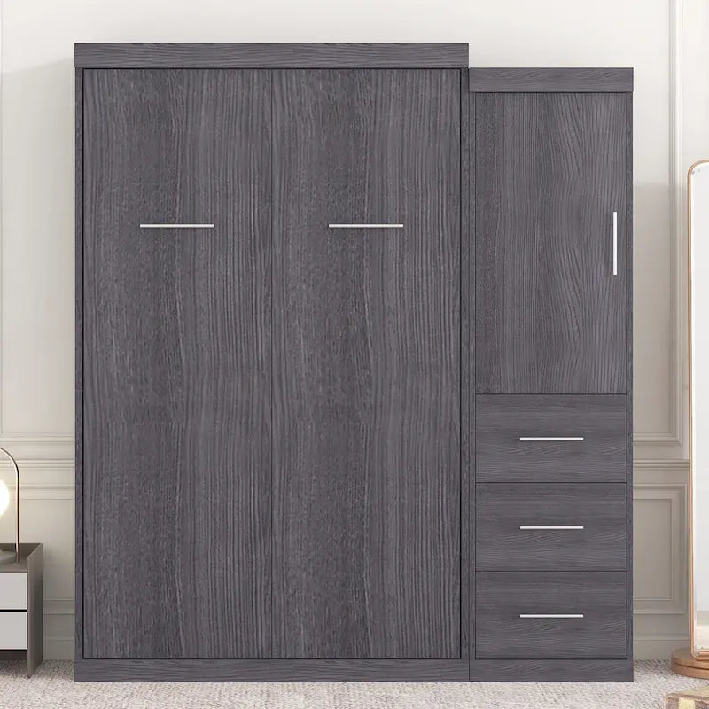 Lit escamotable gris avec armoire et 3 tiroirs, grand lit/lit simple, 1 personne