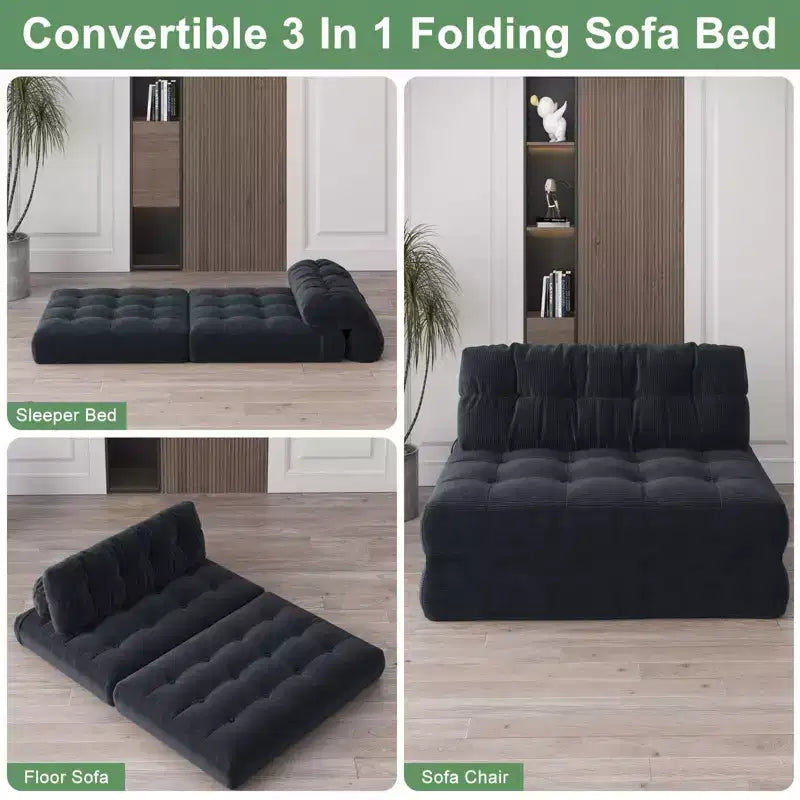 Canapé-lit futon pliant entièrement en velours côtelé, chaise de couchage convertible au sol avec oreiller et dossier
