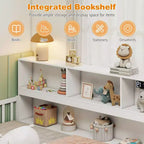 Lit de sol Montessori double/complet avec étagères de rangement et barrières de sécurité Blanc/Gris