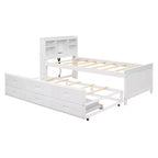 Lit plateforme avec lit gigogne et tiroirs, lit plateforme de rangement avec USB, lit plateforme en bois avec bibliothèque