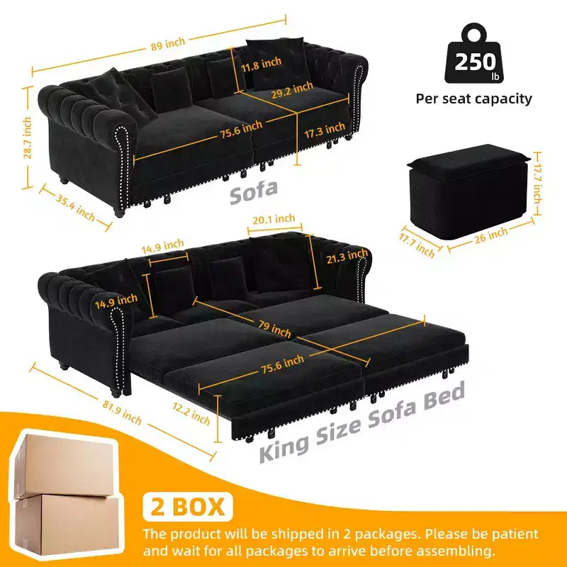 Canapé-lit gigogne 3-en-1 King Size Whisen Velvet et canapé convertible avec pouf mobile, design capitonné