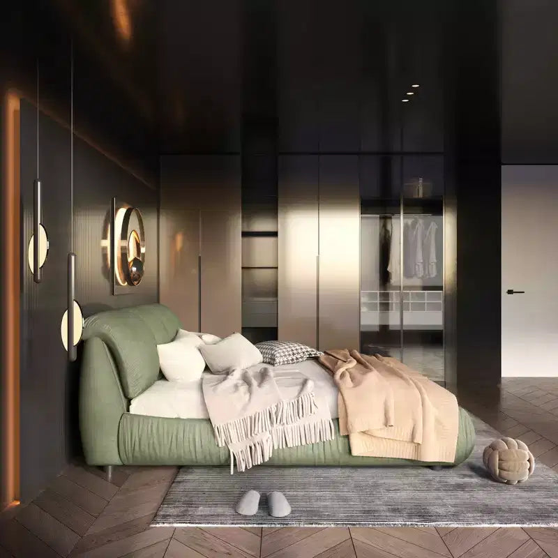 MAYEERTY Lit plateforme de luxe Queen Size tapissé avec tête de lit rembourrée surdimensionnée et cadre en bois massif Vert