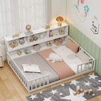 Lit de sol Montessori double/complet avec étagères de rangement et barrières de sécurité Blanc/Gris