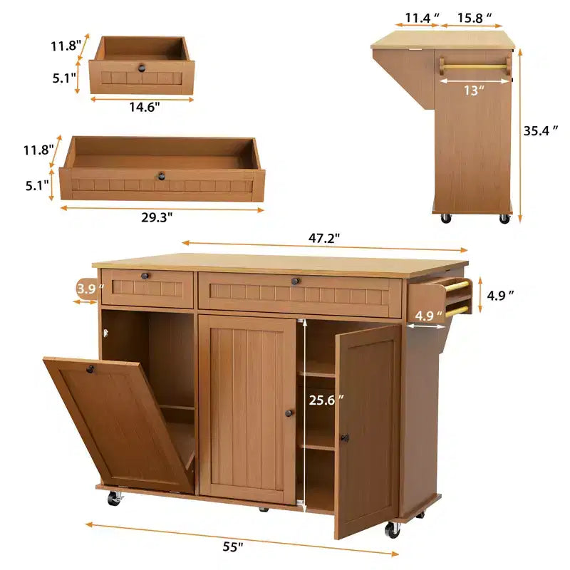 Table îlot mobile 55 avec prise de courant et abattant, chariot de cuisine roulant avec poubelle intégrée pour cuisine