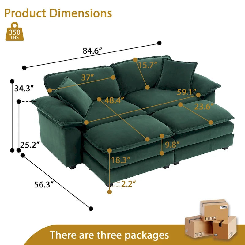 Canapé 2 places avec 2 coussins de siège, 2 oreillers et 2 poufs, canapé confortable - Canapé profond de salon, canapé modulable