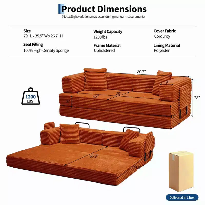 Canapé-lit convertible 5-en-1 80,7 po – Velours côtelé, 544 kg, aucun assemblage