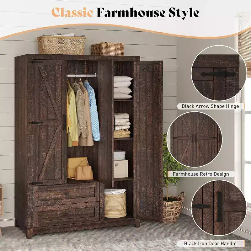 AMERLIFE Armoire de garde-robe de ferme 47 avec 3 portes, 2 tiroirs, tringle à vêtements et étagères réglables, organisateur de placard autoportant