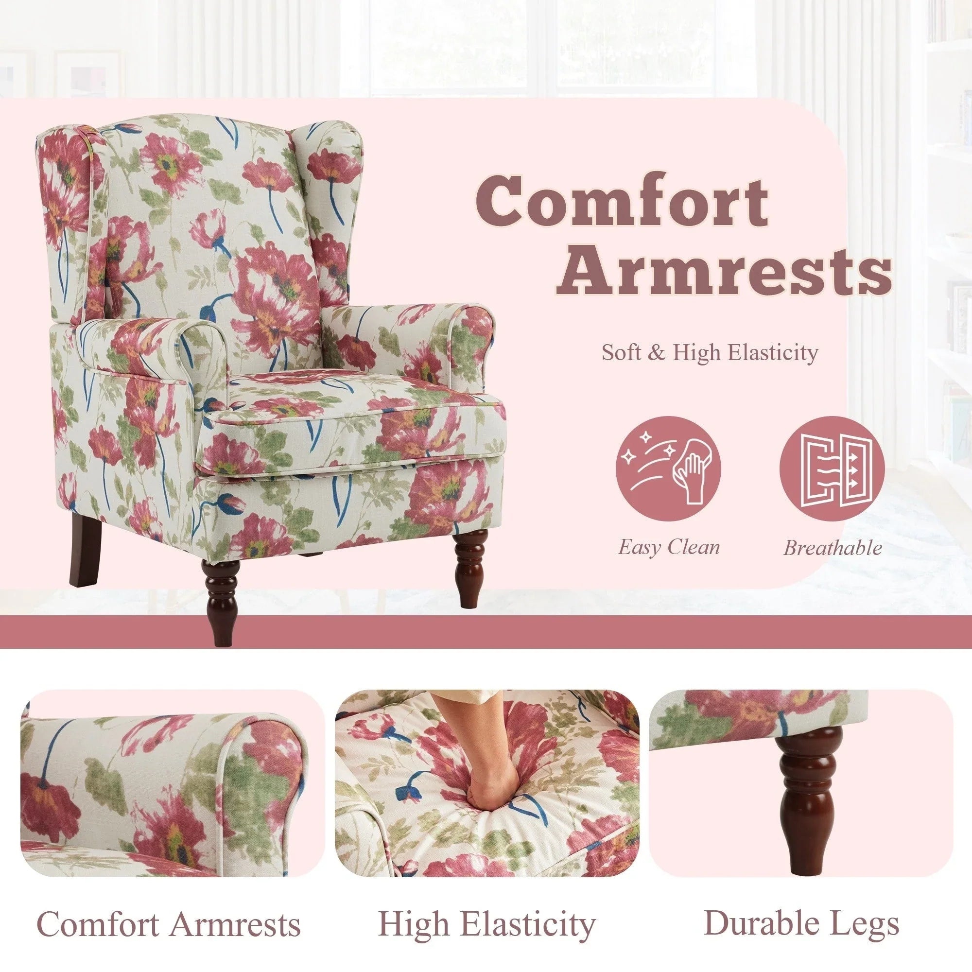 Fauteuil d'appoint moderne Erommy, fauteuil à dossier haut, canapé simple en tissu rembourré avec boutons et pieds en bois pour salon
