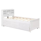 Lit plateforme avec lit gigogne et tiroirs, lit plateforme de rangement avec USB, lit plateforme en bois avec bibliothèque