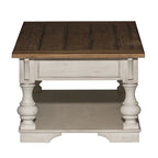 Table basse Morgan Creek blanc antique, avec accents tabac brossé.