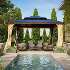 Tonnelle EROMMY à toit rigide, pergola extérieure avec double toit, moustiquaire et rideaux, auvent robuste pour patio, jardin, fête au bord de la piscine