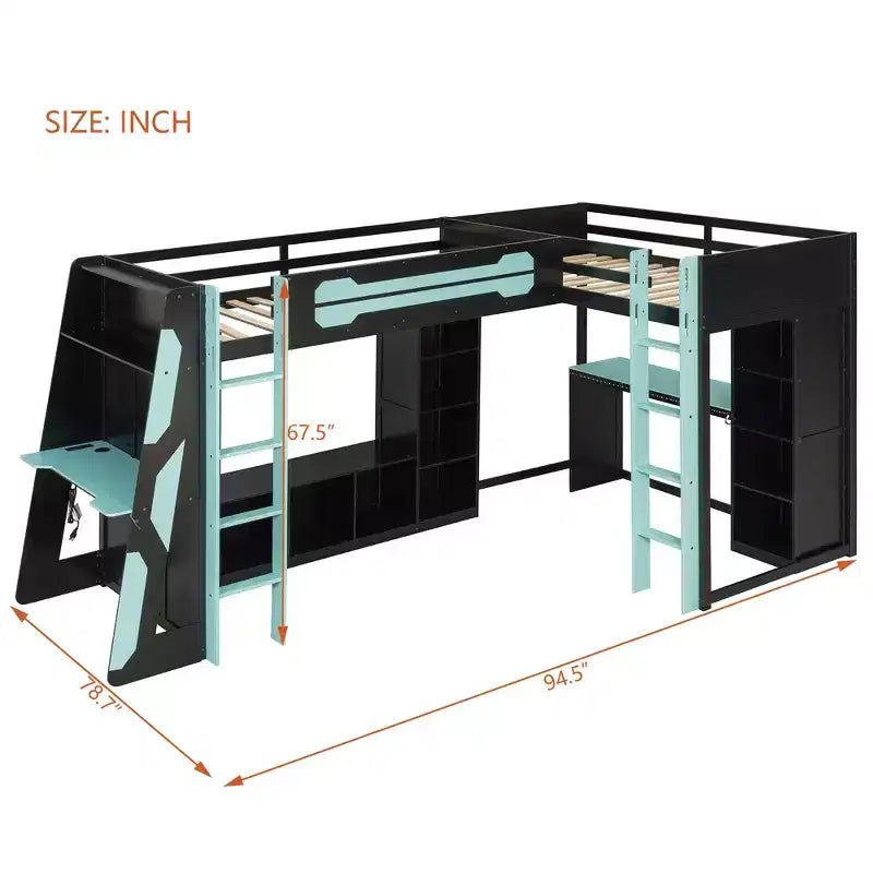 Lit mezzanine de jeu en L avec bureaux, lits superposés doubles avec lumières LED, ports USB, étagères de rangement, lit mezzanine d'angle en bois pour 2 personnes