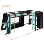 Lit mezzanine de jeu en L avec bureaux, lits superposés doubles avec lumières LED, ports USB, étagères de rangement, lit mezzanine d'angle en bois pour 2 personnes