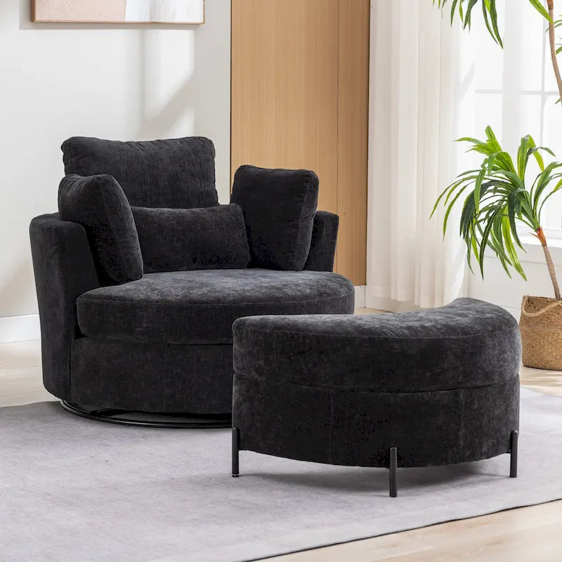 Fauteuil d'appoint pivotant rembourré 42,3 W avec 4 oreillers et pouf de rangement demi-lune
