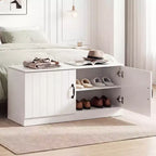 Banc à chaussures 2 portes avec étagères réglables et espace de rangement caché Naturel + Blanc/Blanc