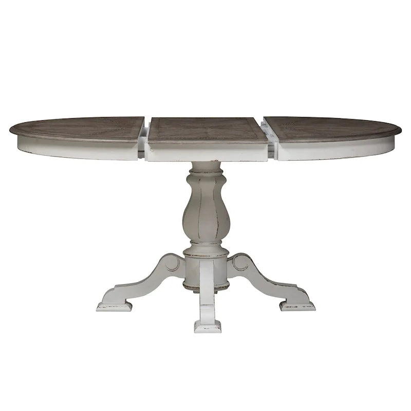 Table à dîner ronde sur pied Magnolia Manor avec rallonges escamotables - 2 finitions