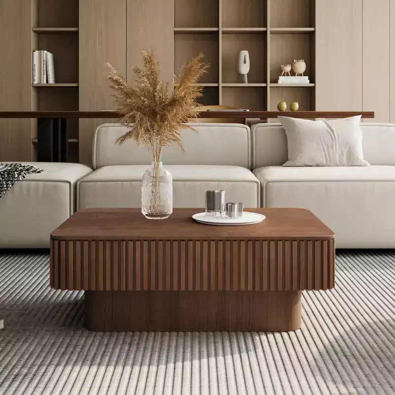 JVNOXK Table basse à plateau relevable cannelé de 98 cm avec rangement, placage bois massif, hauteur réglable, table d'appoint moderne pour salon, chambre, noyer