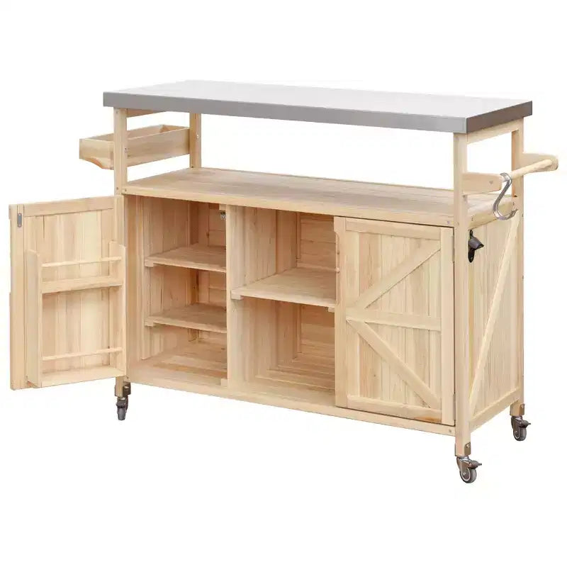 Îlot de cuisine d'extérieur Okak avec plateau en acier inoxydable, chariot de cuisine en bois avec portes, étagères et porte-épices, îlot de cuisine roulant