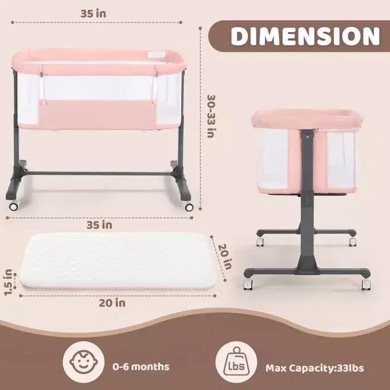 Berceau à roulettes – Beige / Gris / Rose, cododo, pour 1 bébé