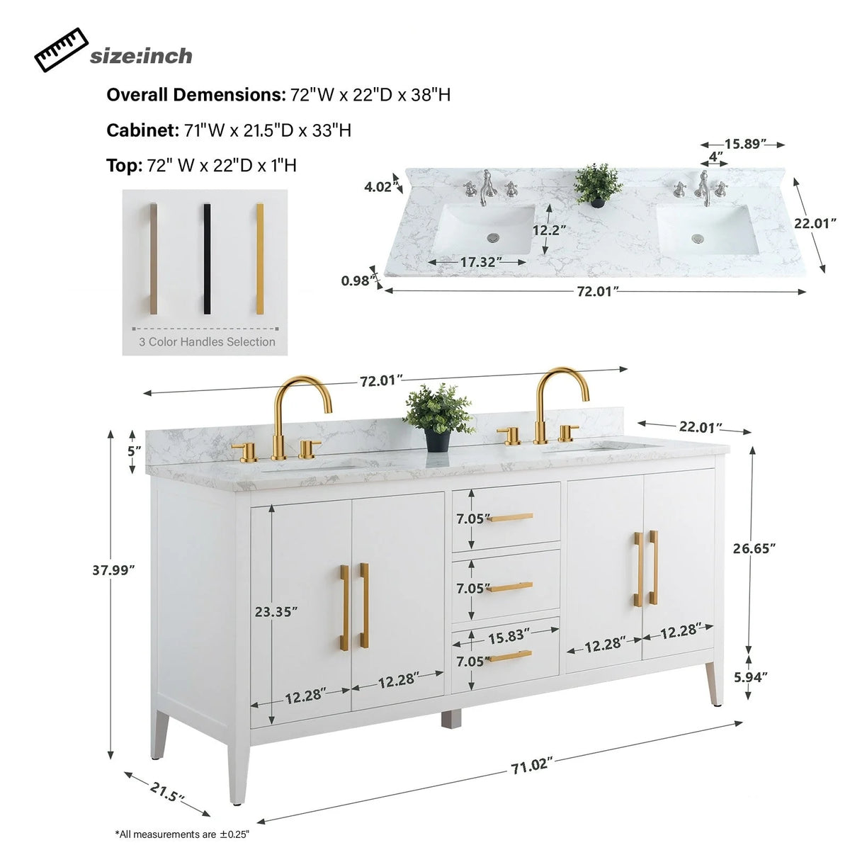 Meuble-lavabo de salle de bain Vanity Art 72 po à double vasque avec dessus en marbre reconstitué
