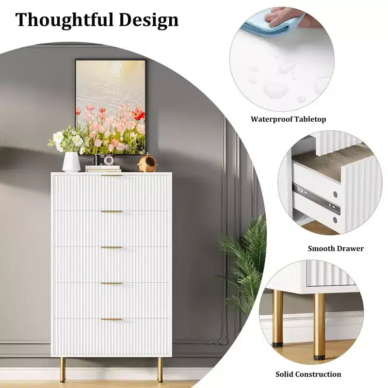 Commode à 5 tiroirs blanche / marbre et bois – Panneau cannelé, pour 1 personne
