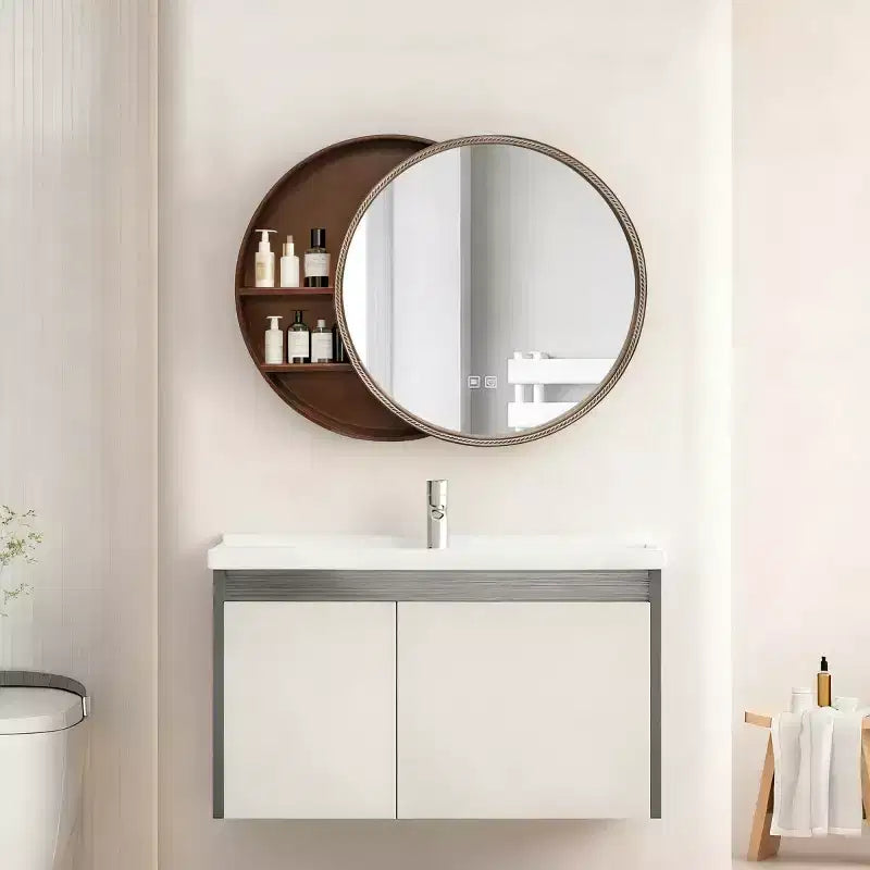 23.6 Miroir mural rond coulissant moderne avec rangement, miroir de courtoisie peu encombrant pour salle de bain, miroir décoratif pour salon