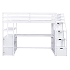 Lit mezzanine taille jumeau avec bureau et étagères, deux tiroirs intégrés, escalier de rangement