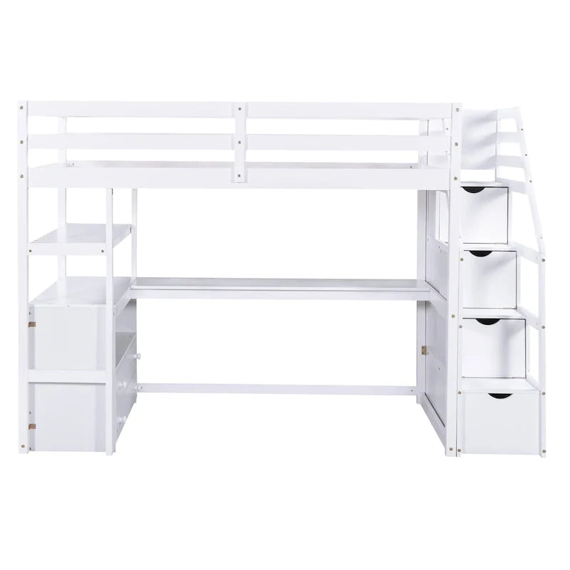Lit mezzanine taille jumeau avec bureau et étagères, deux tiroirs intégrés, escalier de rangement