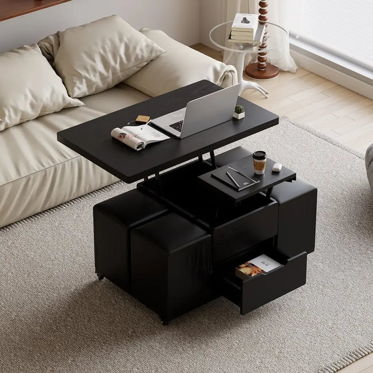 Table basse relevable pliable avec 4 tabourets et rangement